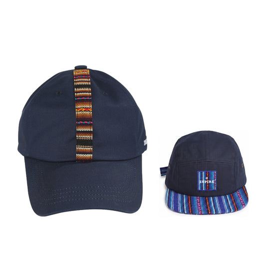 Callao and Cajamarca Navy Pair, adult navy ball cap and kids navy camp cap with handwoven stripe